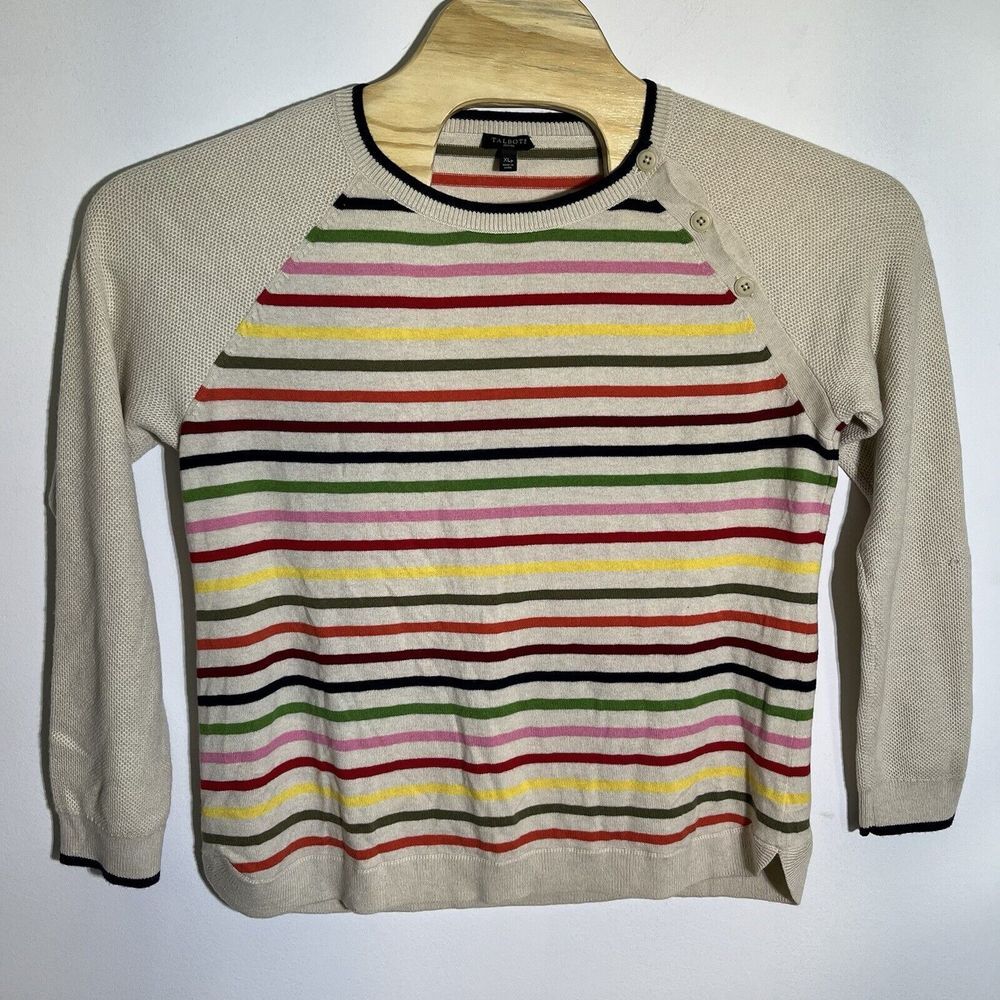 Talbots Womens XLP Lambswool Blend Rainbow Stripe Button Shoulder Sweater